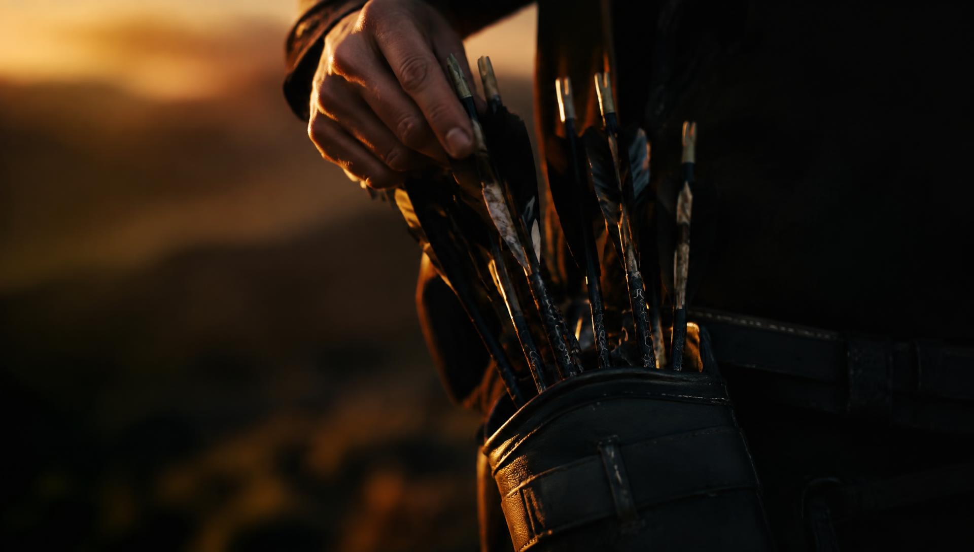 Archer drawing wrapped arrows from a leather quiver at dusk